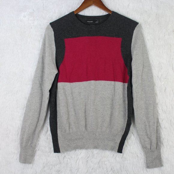 M&S Autograph Colour Block 100% Cashmere Crewneck Gray Sweater Size 14 - Picture 1 of 8